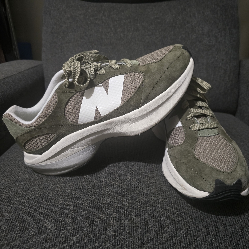 New Balance Olive and White Sneakers